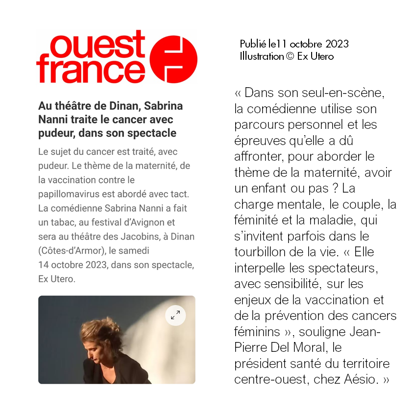 Article Ouest France 11 octobre 2023 spectacle Ex Utero Sabrina NANNI